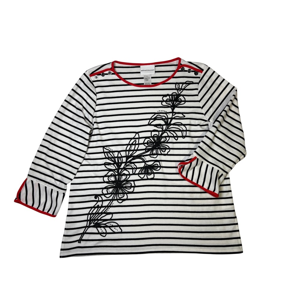 Alfred Dunner Casual Chic Striped Floral Embroidered Bell Sleeve Top‎ Red Trim